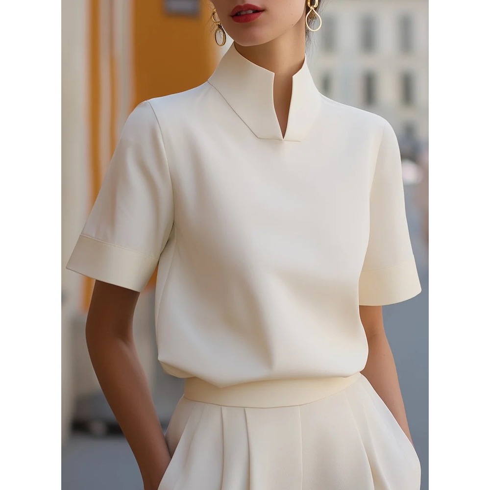Mooyius White Stand Collar Minimalist Structured Blouse Short Sleeve S NWT